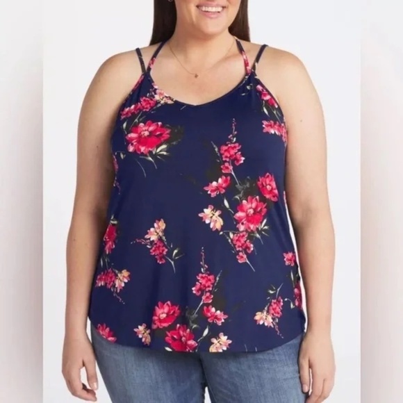 Papermoon navy blue red floral strappy back tank top 3x - Picture 1 of 12